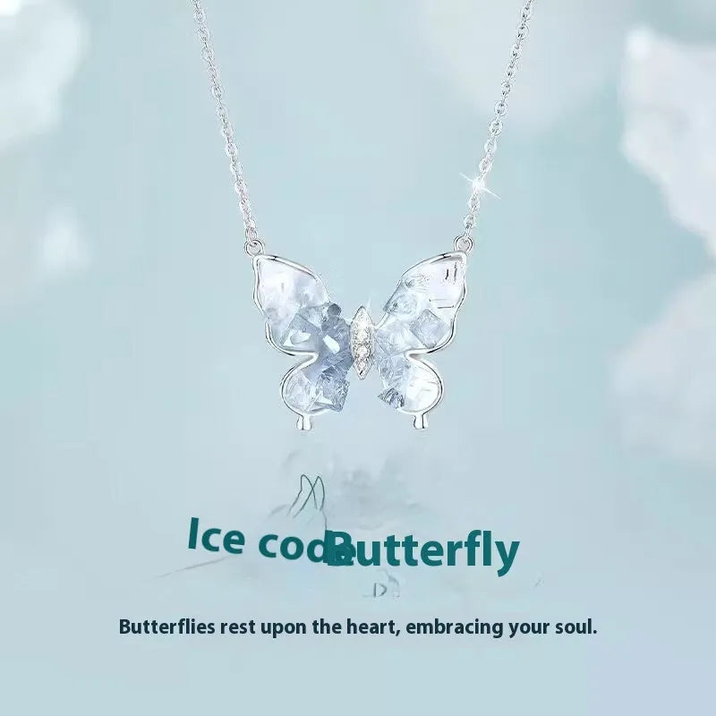 S925 silver necklace with a detailed ice rain style butterfly pendant on an adjustable O-ring chain.