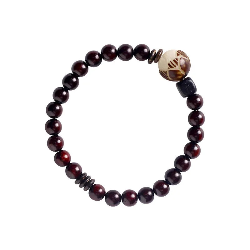 Natural rosewood bracelet with knitted texture and 10mm floral centrepiece in unisex retro design