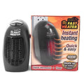 Black compact ceramic electric heater with digital display and a rotating three-prong plug on a white background.