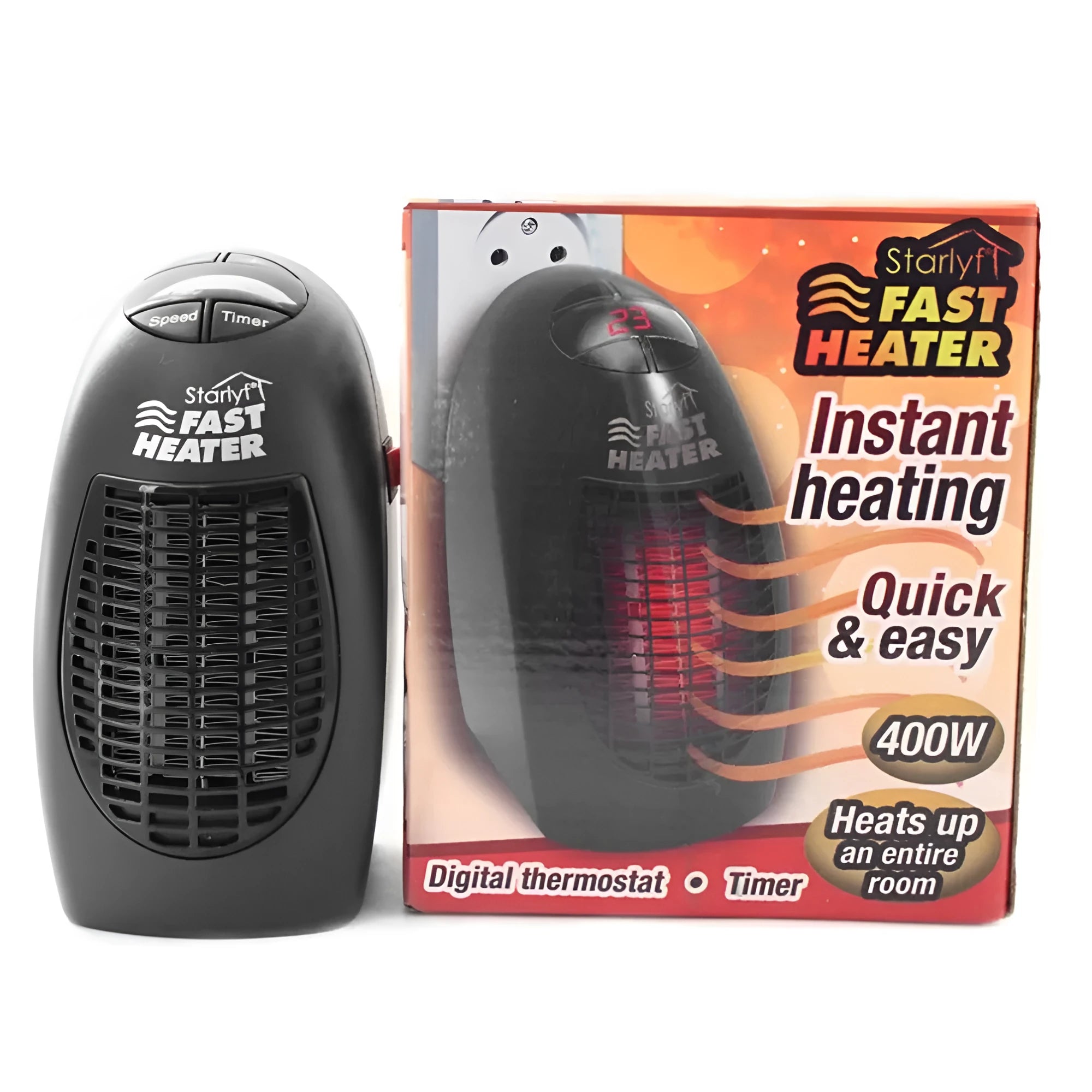 Black compact ceramic electric heater with digital display and a rotating three-prong plug on a white background.