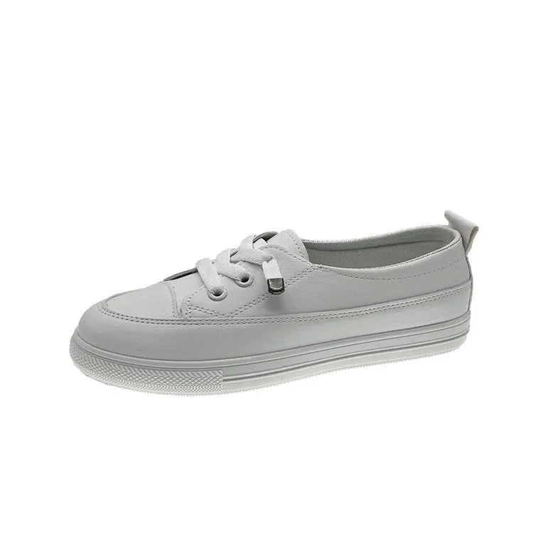 White women's sports breathable shoes with flat heel and round toe, front lace-up, artificial PU patent leather upper, rubber sole