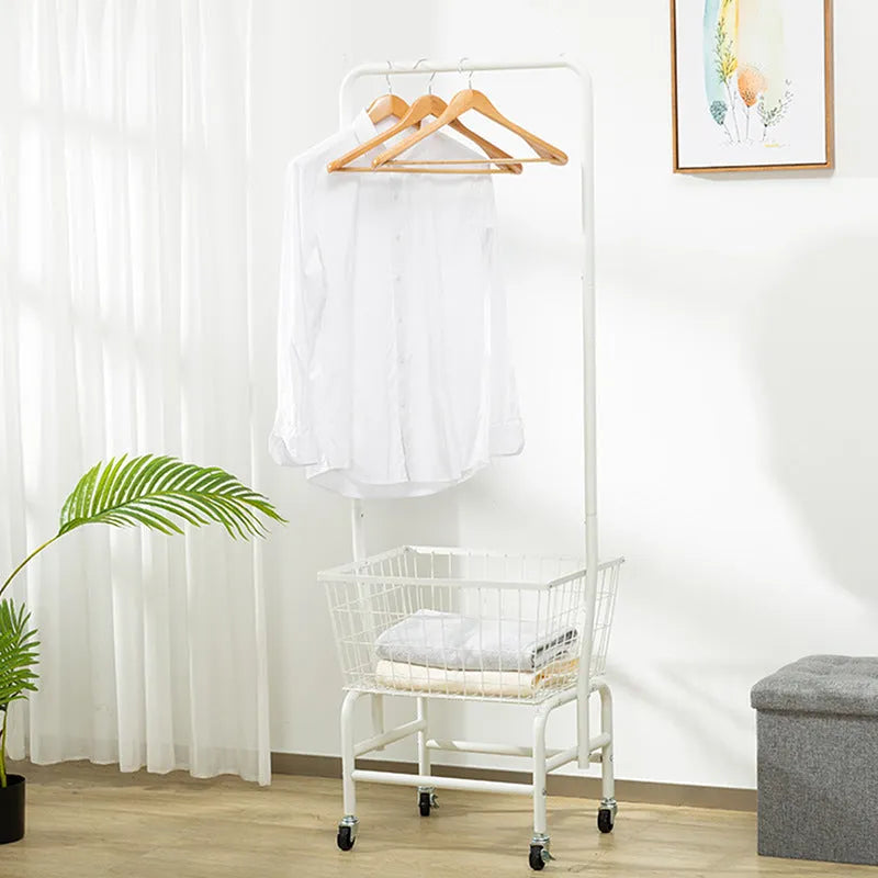 Single rod pulley storage car in iron with black or white finish for hanging clothes.