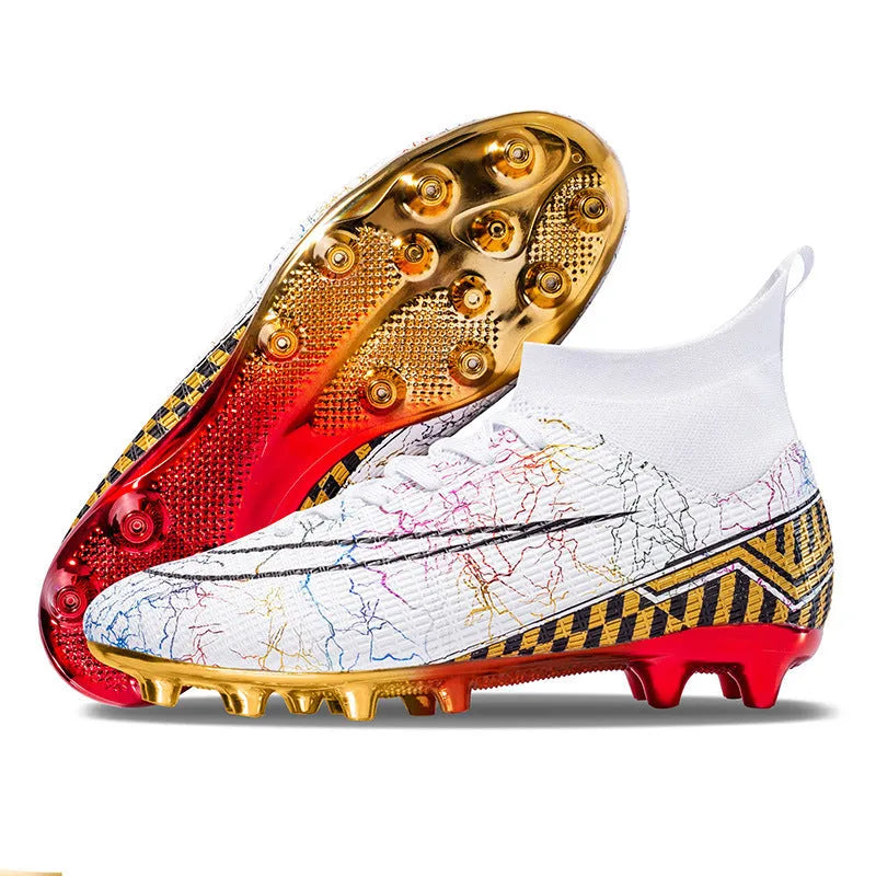 Men's high-top football training shoes with gold plated bottom on PVC sole, in white, black, and mandarin duck colours.
