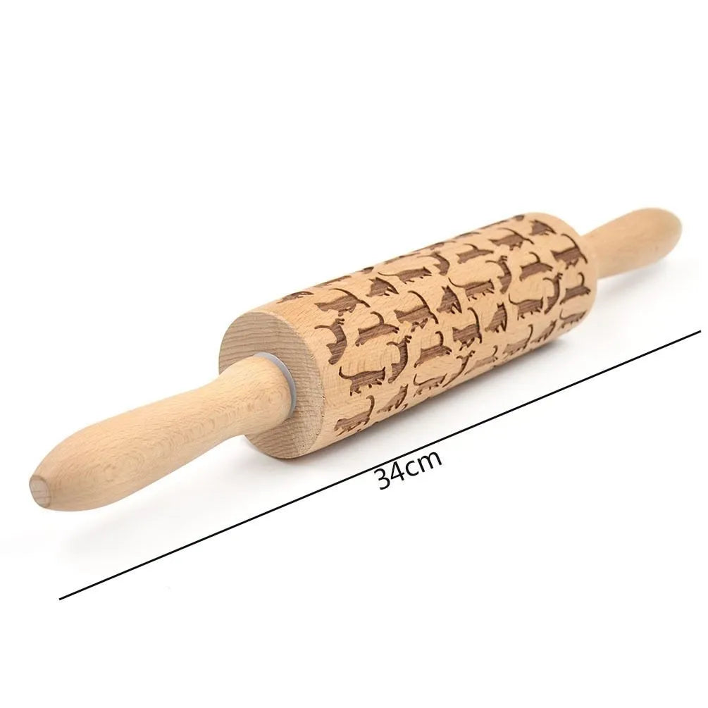 Wooden Christmas embossing rolling pin with snowflake and reindeer patterns on dough, 45x5x5cm natural wood non-stick surface