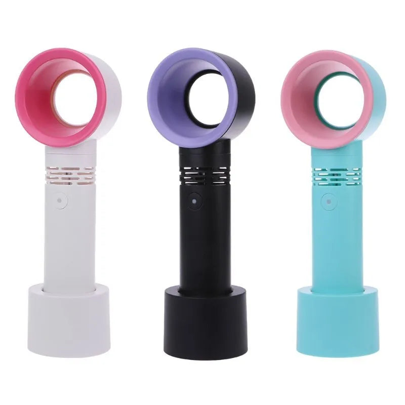 Portable bladeless desk fan with USB cable and base in assorted colours