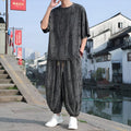 Men's thin short-sleeved knitwear two-piece suit in black with cropped trousers, loose fit