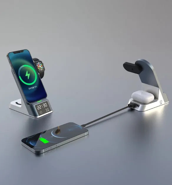 Black six-in-one wireless charging alarm clock with Apple Watch dock and LED display