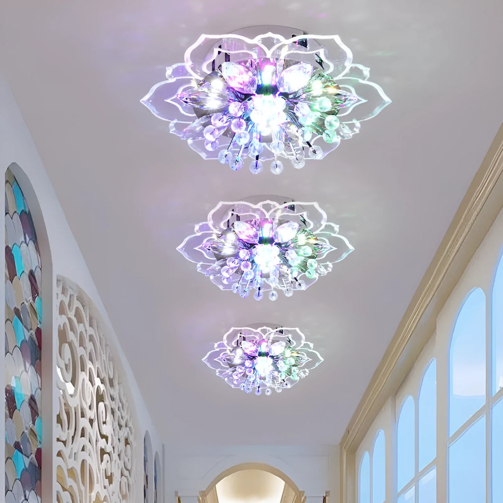 Modern crystal ceiling lamp with flower-shaped shade showing concealed and exposed installation options