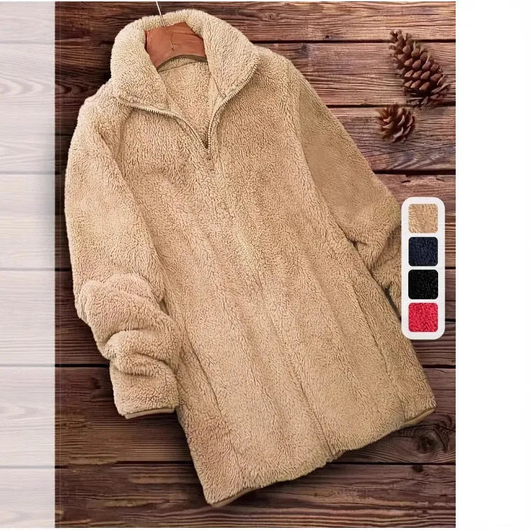 Double-sided velvet fleece coat in black, navy blue and khaki colour options showing soft texture and practical outdoor design