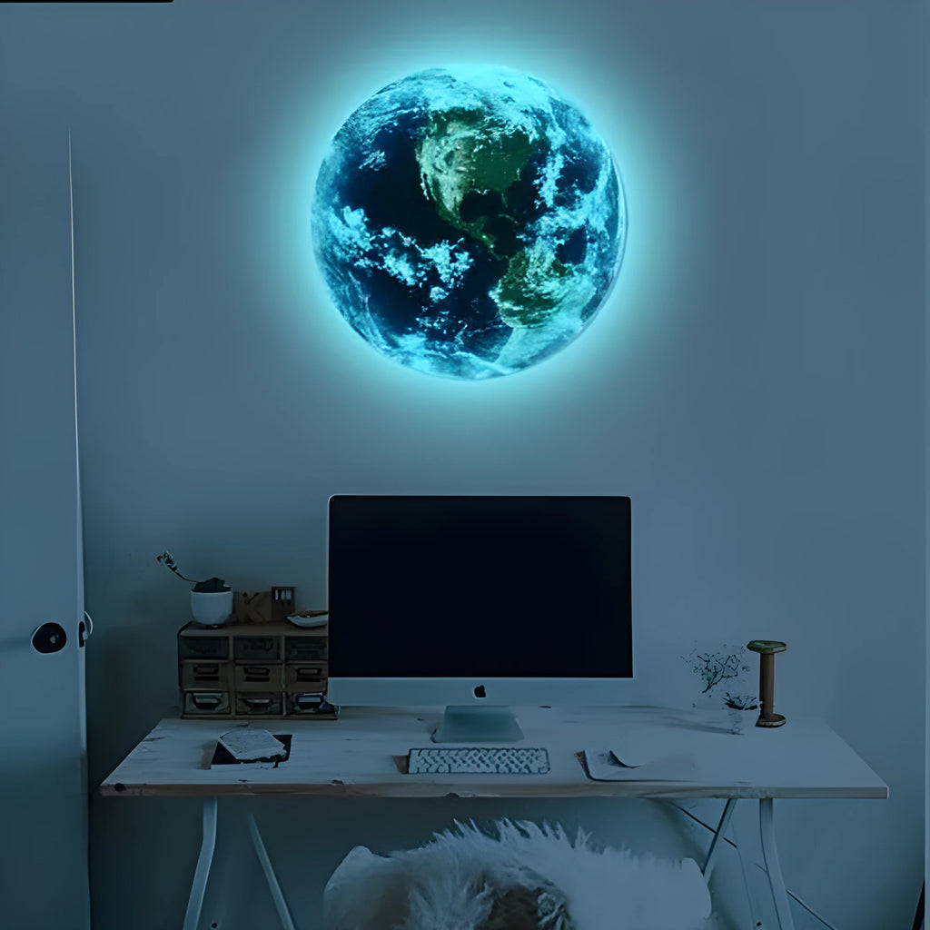 Glow in the dark 3D Earth wall sticker showing luminous planetary design on wall surface