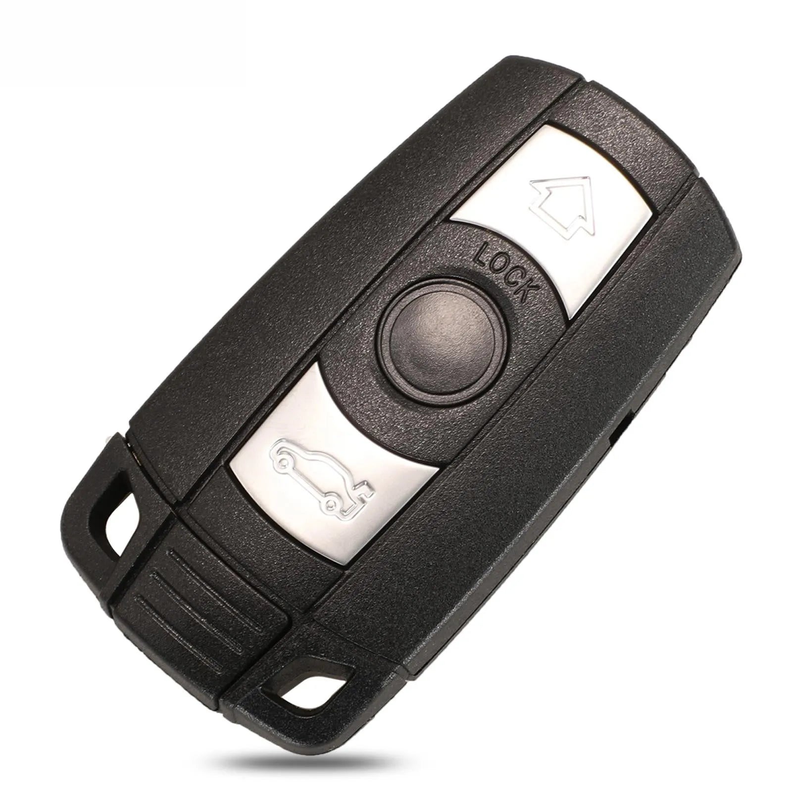 BMW semi-intelligent three-button remote car key fob in metal and plastic.