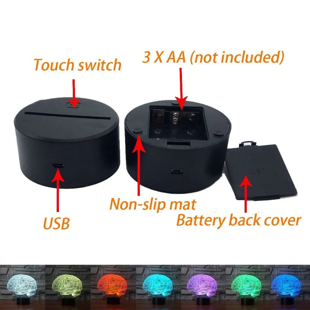 3D brain illusion LED desk lamp with acrylic design and remote control on wooden surface