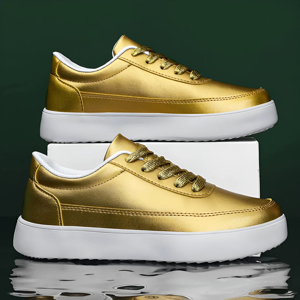 Women's leather flat casual shoes with lace-up front in gold colour