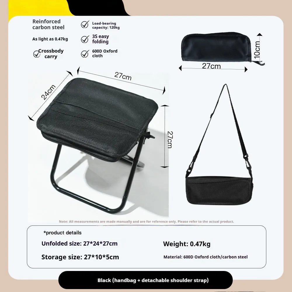 Lightweight foldable outdoor camp chair stool in oxford cloth, shown in khaki colour, folded and unfolded.