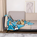 Cartoon patterned pet blanket showing blue dog design on double-sided thickened flannel material