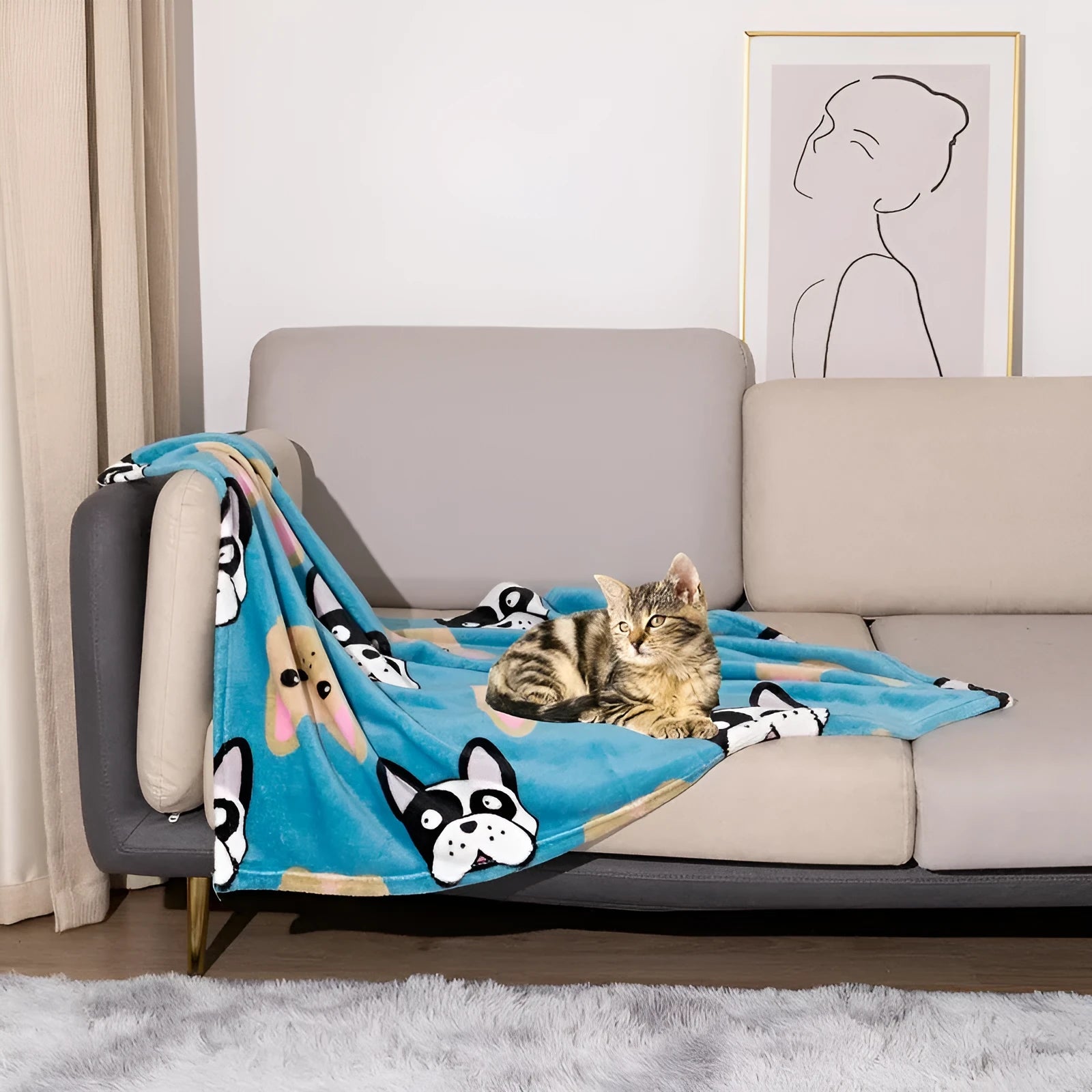 Cartoon patterned pet blanket showing blue dog design on double-sided thickened flannel material