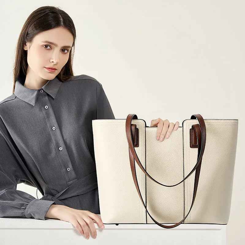 Women's black genuine leather large capacity shoulder bag with organised internal compartments