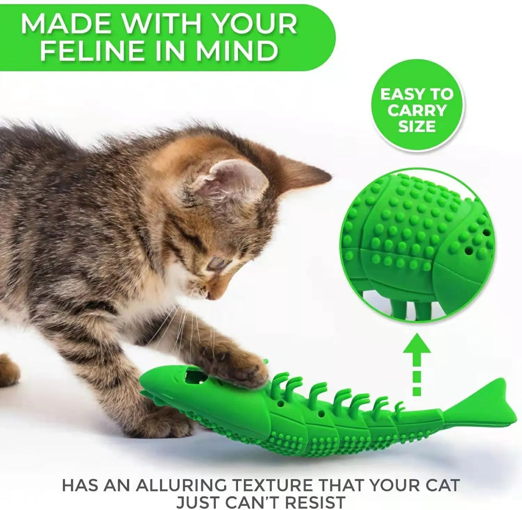 Blue hard rubber cat toy with textured bristles for teeth cleaning and interactive play