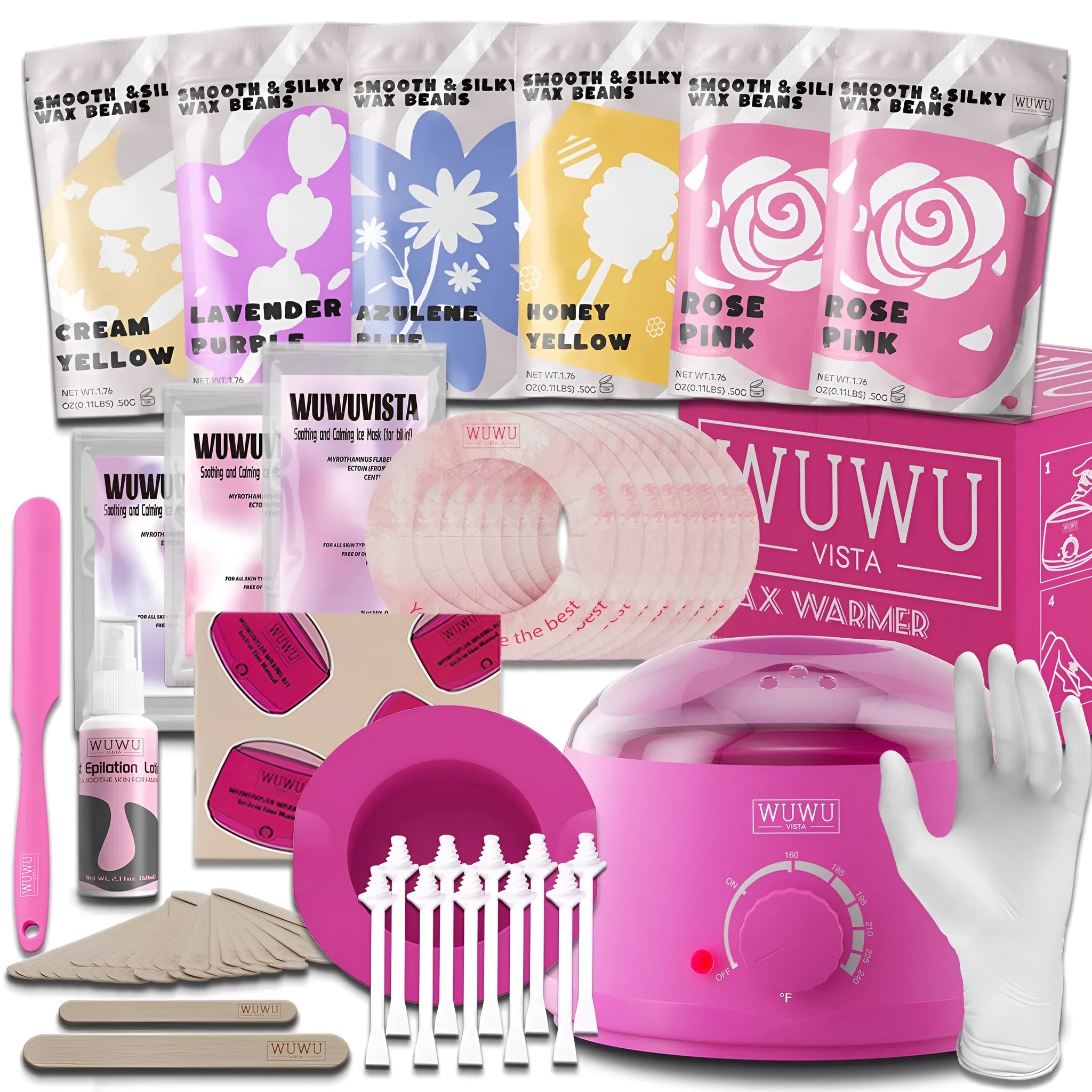WUWUVISTA professional waxing kit with black wax warmer, coloured wax beads, silicone tools and aftercare products