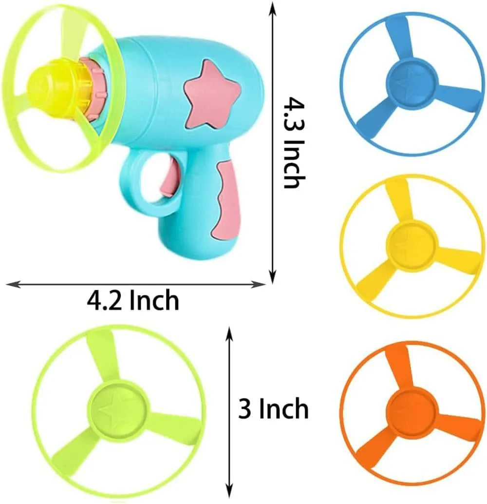 Blue plastic cat toy gun with spinning Frisbee for indoor feline play