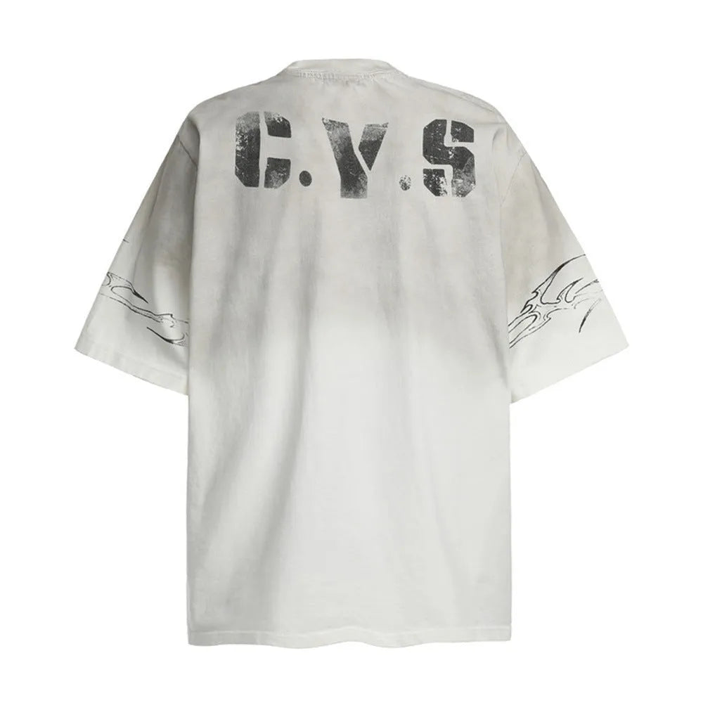 Men's black and white printed short-sleeved cotton T-shirt laid flat.
