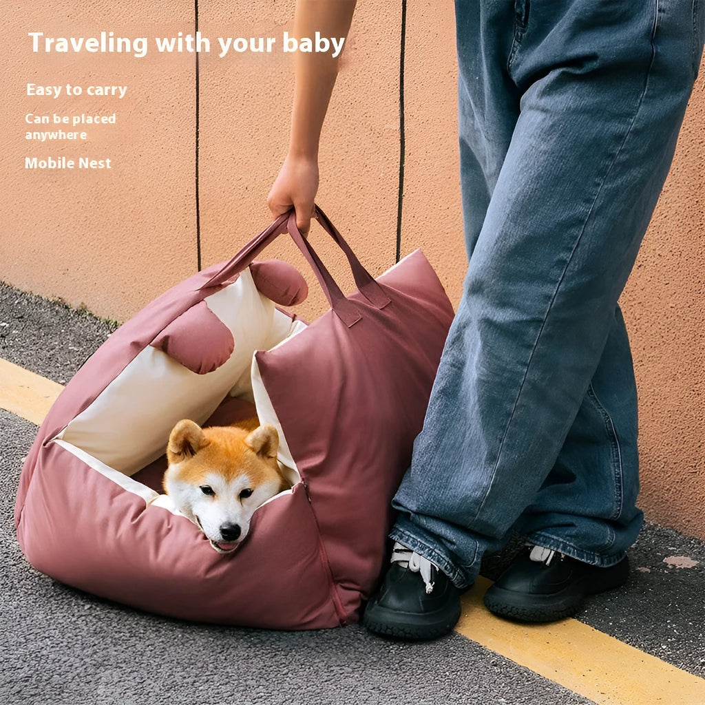 Removable washable grey beige car kennel for dogs on a car seat