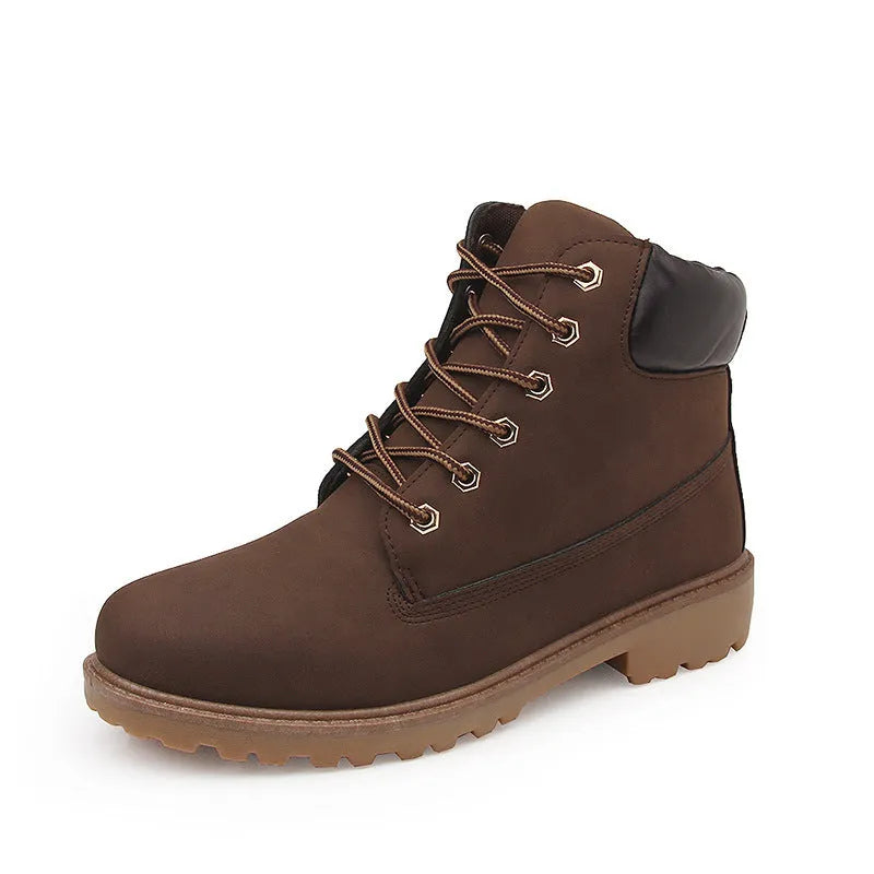 Pink men's Martin boots with velvet lining, round toe, and front lace-up closure on a flat bottom.