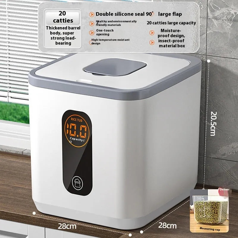 Grey plastic insect-proof rice storage jar with a measuring cup, shown in different size options.