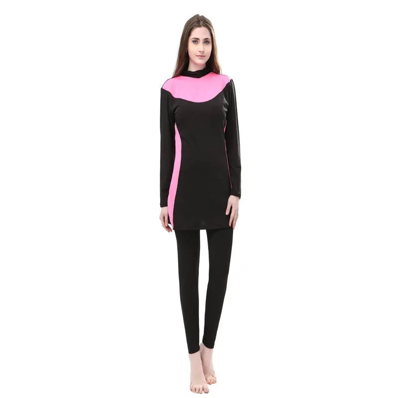 Conservative women's hooded swimsuit with long sleeves and separate top and bottom in black with colour trim