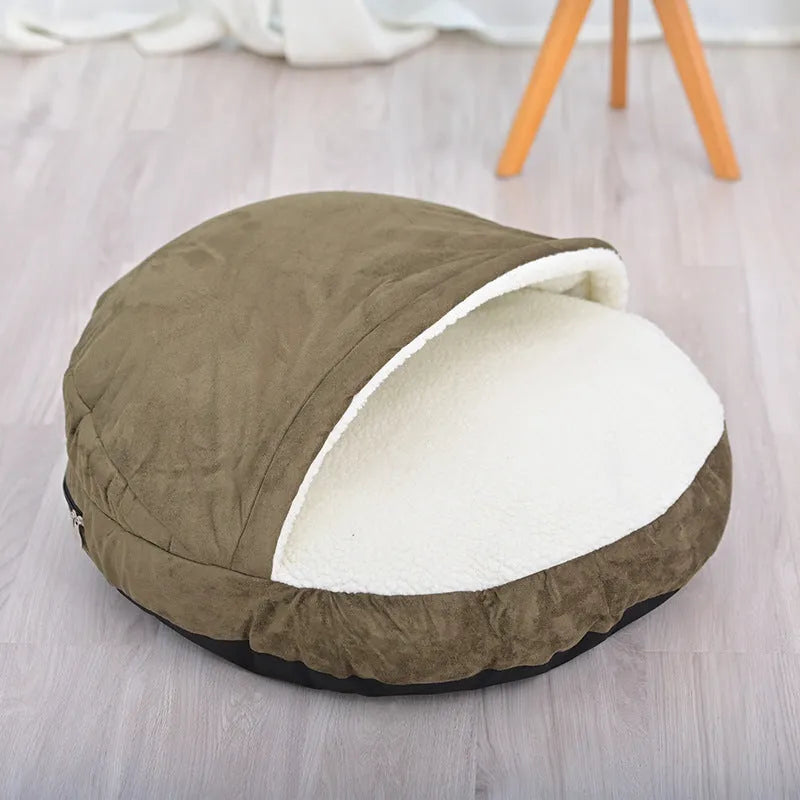 Brown removable washable cloth dog kennel for indoor use with a small dog.