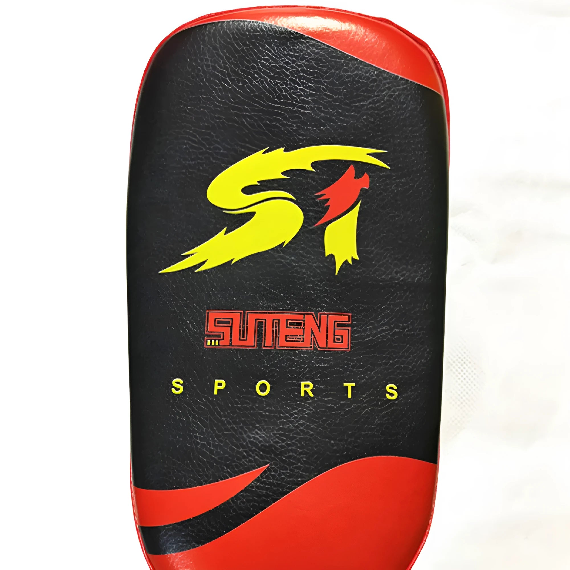 Black square boxing training pad with red trim, showing back with double buckle straps.