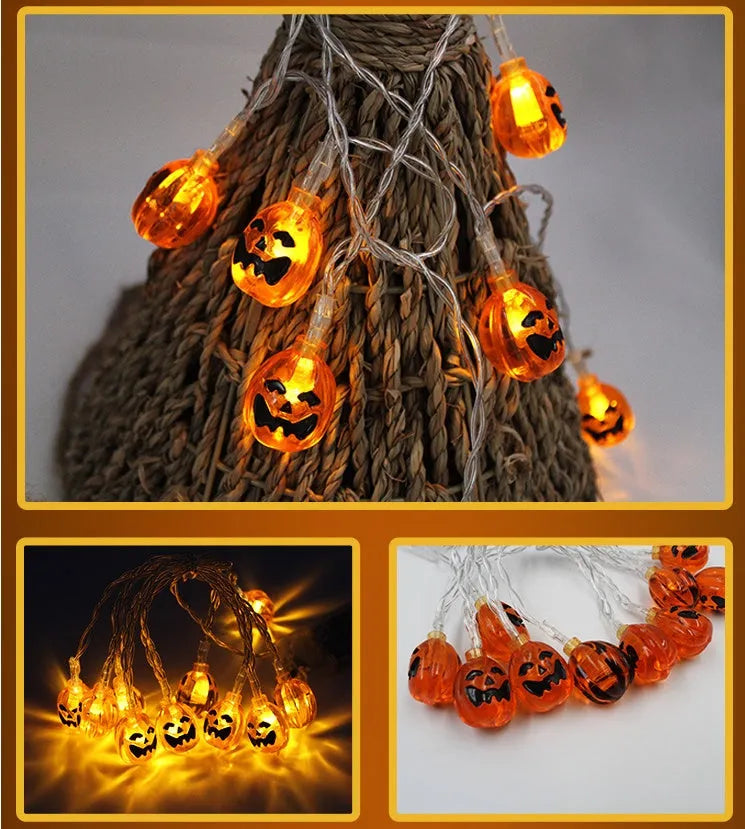 Halloween LED string lights with pumpkin, ghost, bat and spider pendants on a 1.2 metre battery-powered string