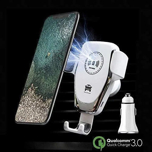 Black car wireless charger mounted on vent with iPhone secured by automatic clamping arms