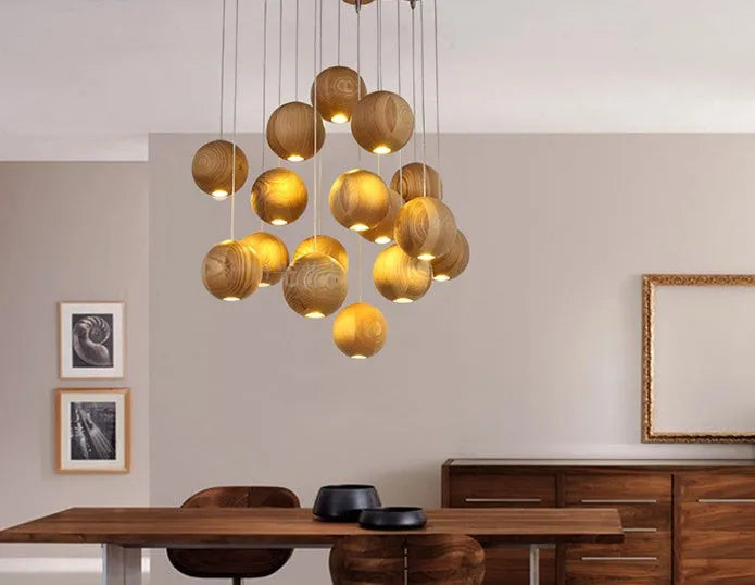 Nordic style solid wood ball chandelier hanging pendant light with adjustable cord.