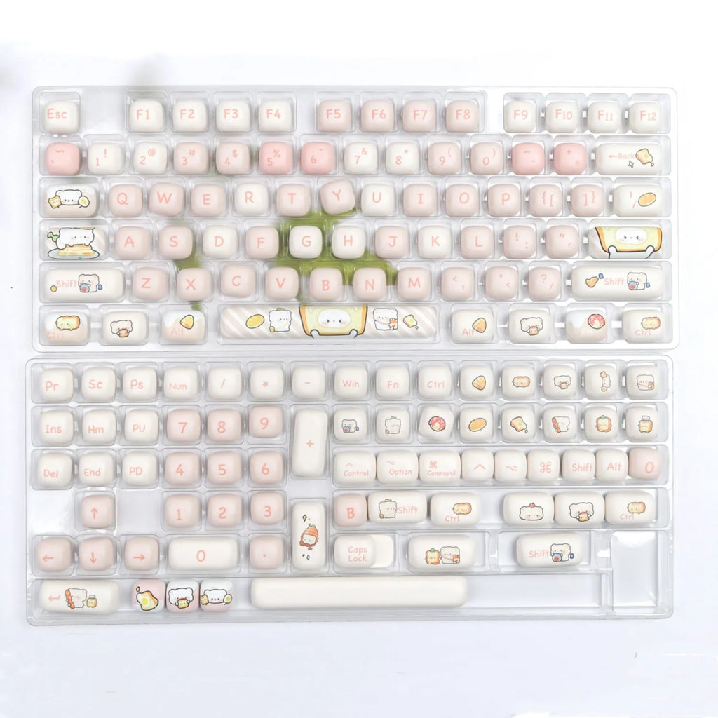 PBT mechanical keyboard keycap set with colourful bread bear cartoon design using thermal sublimation printing