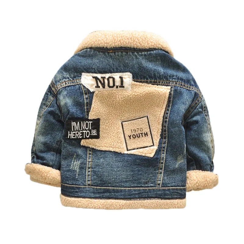 Children's thickened Korean style fur collar denim jacket with square collar in denim colour on model