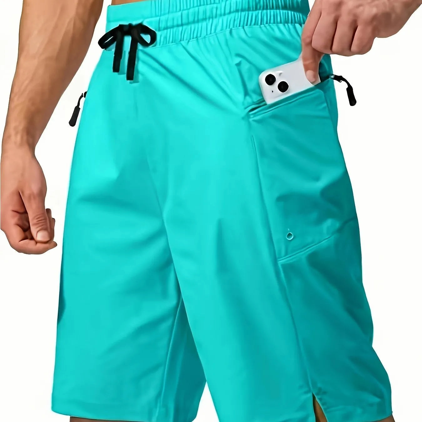 Men's solid colour straight-leg beach shorts made from quick-drying polyester fabric.
