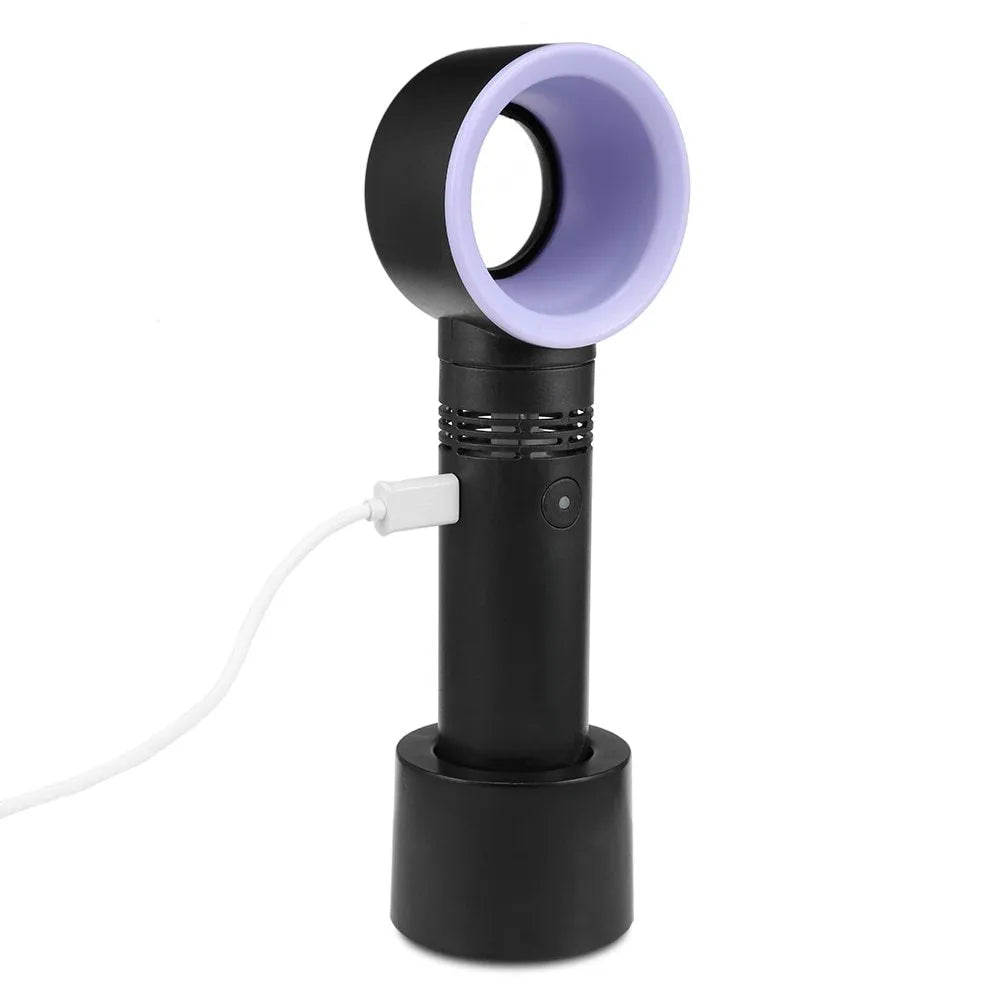 Portable bladeless desk fan with USB cable and base in assorted colours