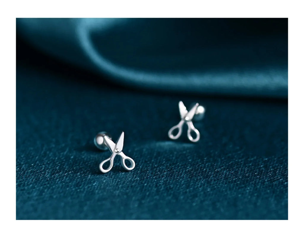 Pure silver screw-style ear nails with miniature scissors design jewellery