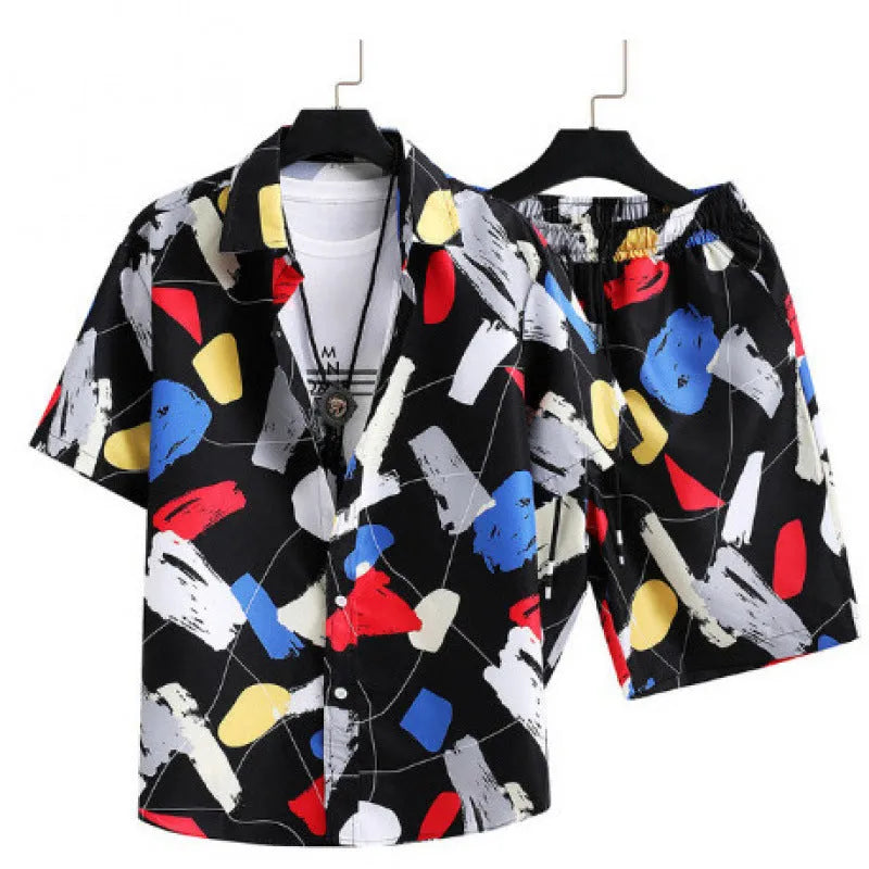 Men's digital print cardigan suit set with short sleeve shirt and matching shorts
