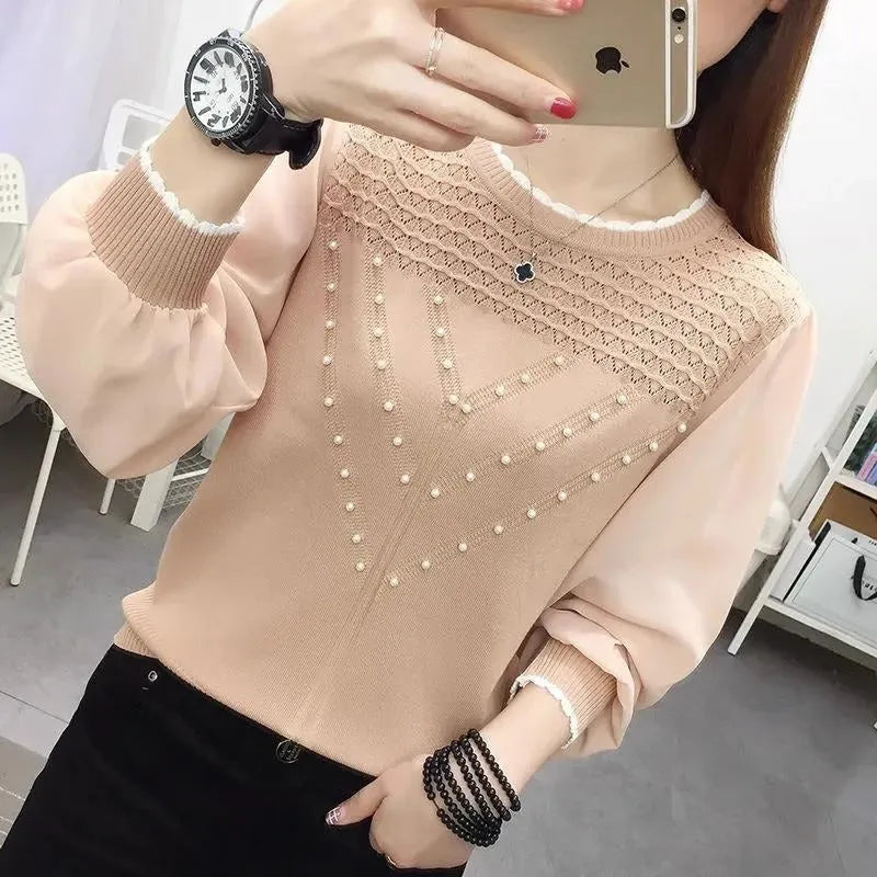 Loose-fit long sleeve round neck women's polyester top in solid colour, available in black, pink, and white.