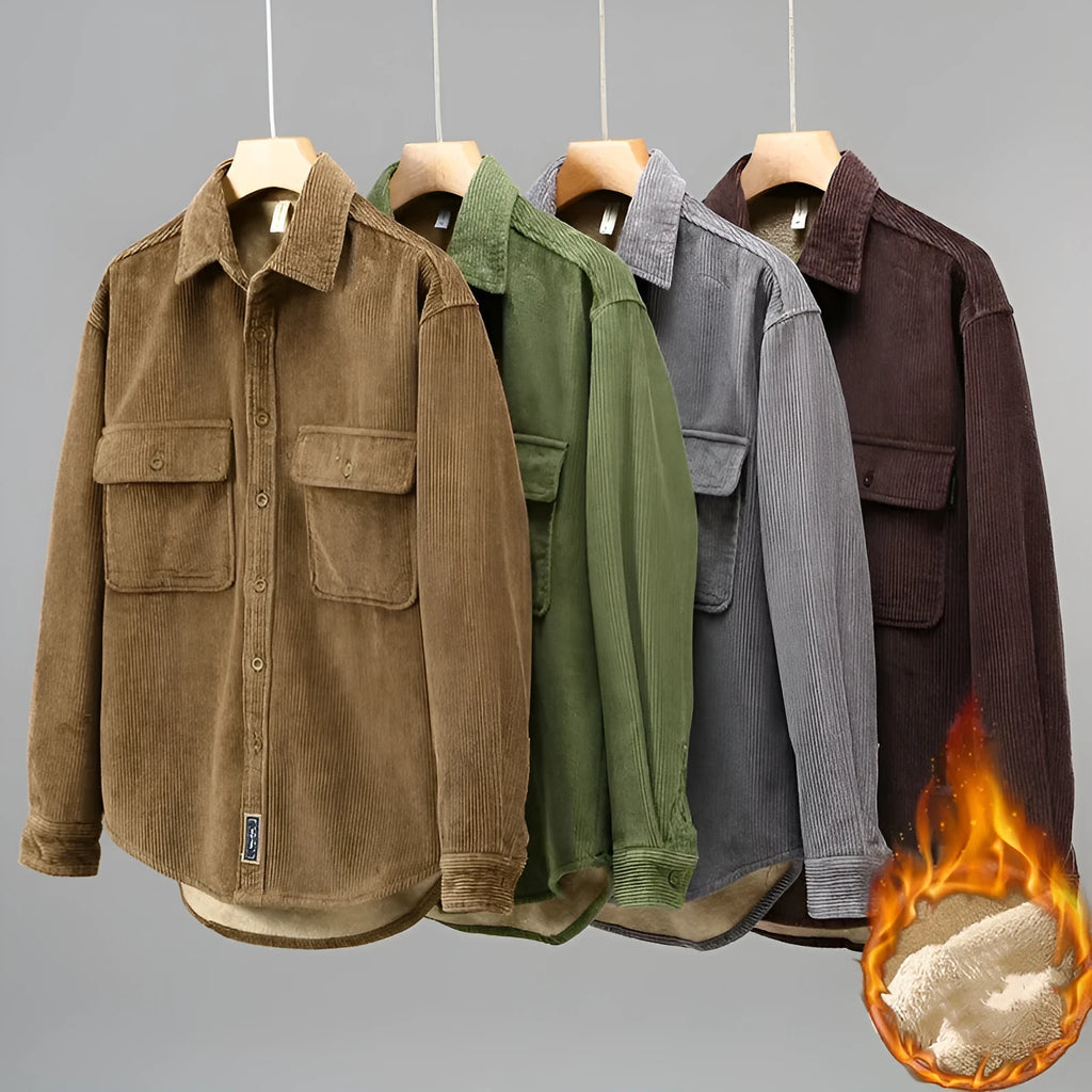Men's fleece lined padded corduroy casual coat shirt in solid colour, Japanese retro style, loose fit, long sleeves