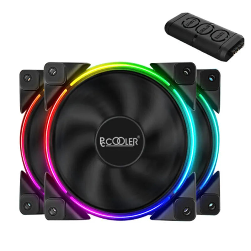 Three black 120 mm PC chassis fans with RGB lit blades on a dark background.