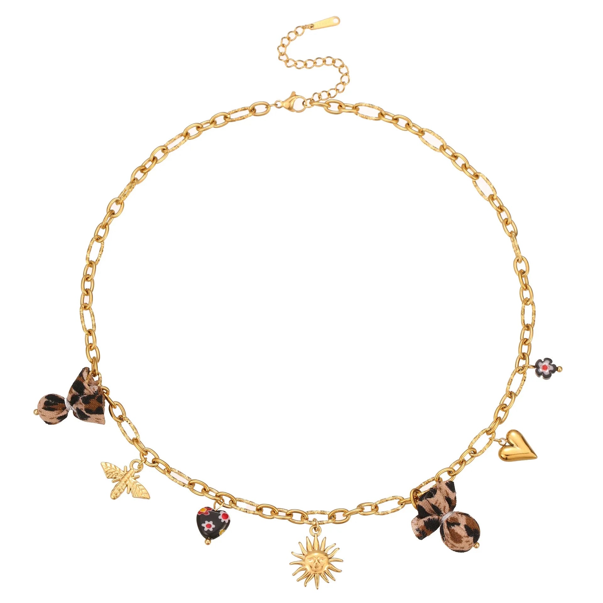 Stainless steel necklace with gold electroplated pendant showing leopard and heart flower designs