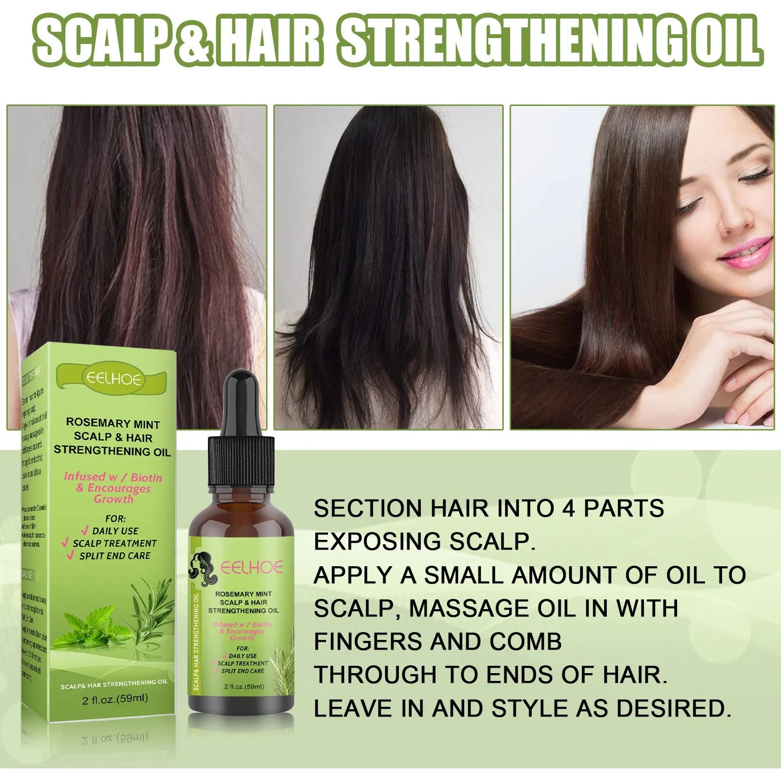 59ml bottle of Rosemary Mint Hair Growth Fluid for scalp massage and hair repair.