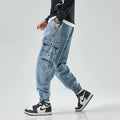 Men's denim cropped trousers in black, mid-waist straight-leg design, cotton fabric, size M to 8XL