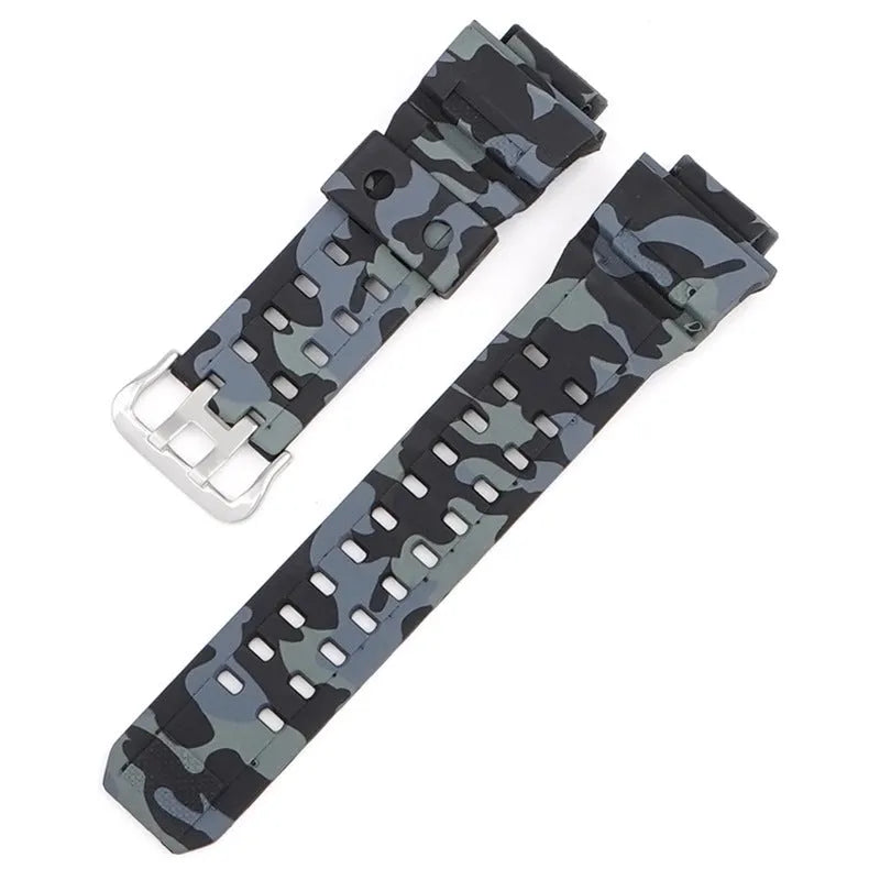 Camouflage pattern TPU watch strap with silver buckle on watch