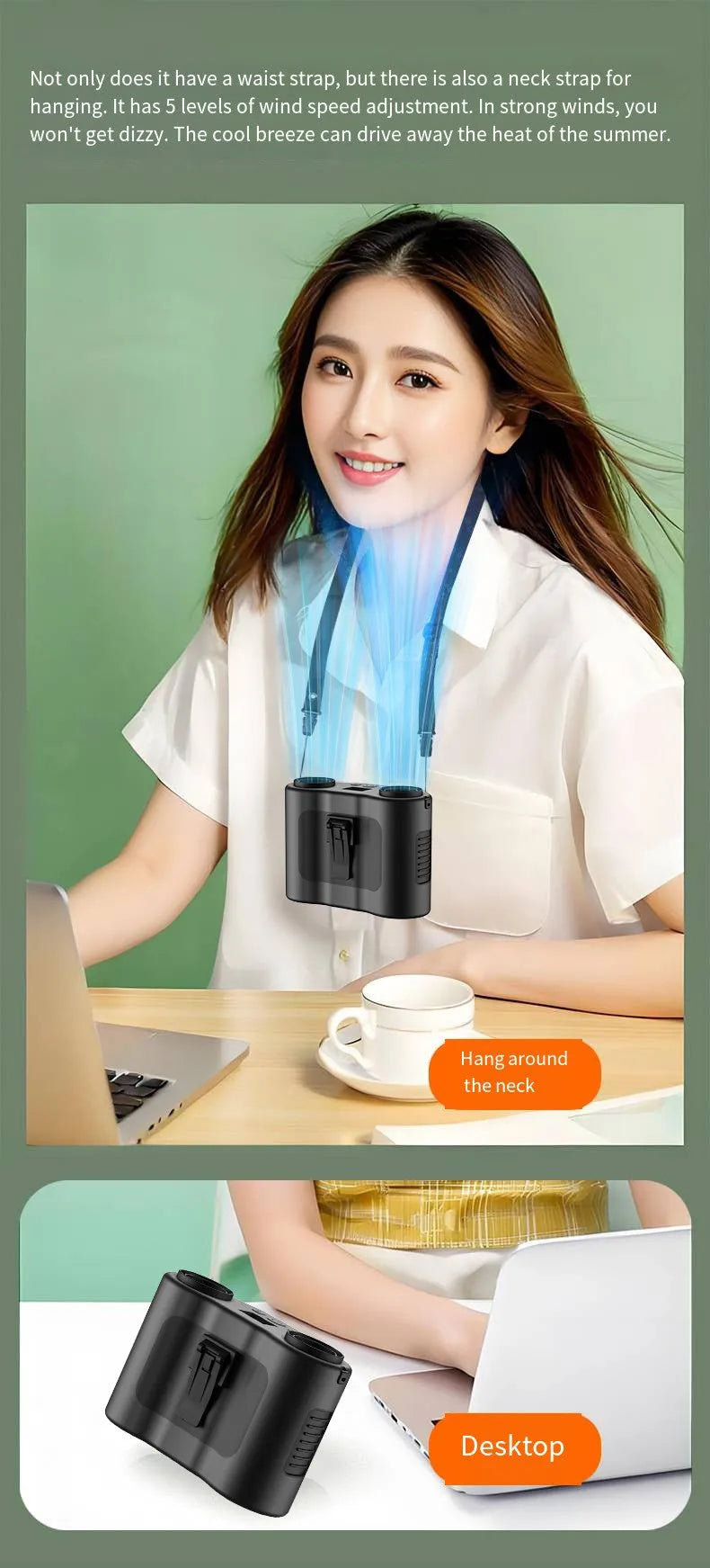 Grey handheld waist-hung portable fan with lanyard, showing air vents and control button.