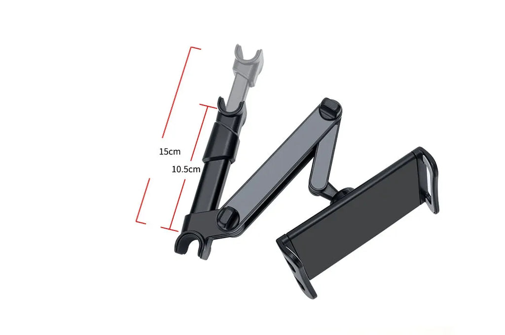 Black universal car phone holder mounted on vehicle rear seat with tablet in snap-in mechanism