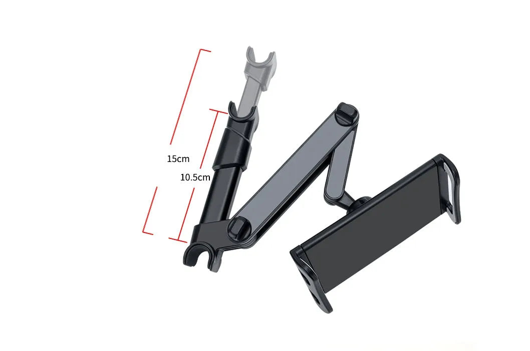 Black universal car phone holder mounted on vehicle rear seat with tablet in snap-in mechanism